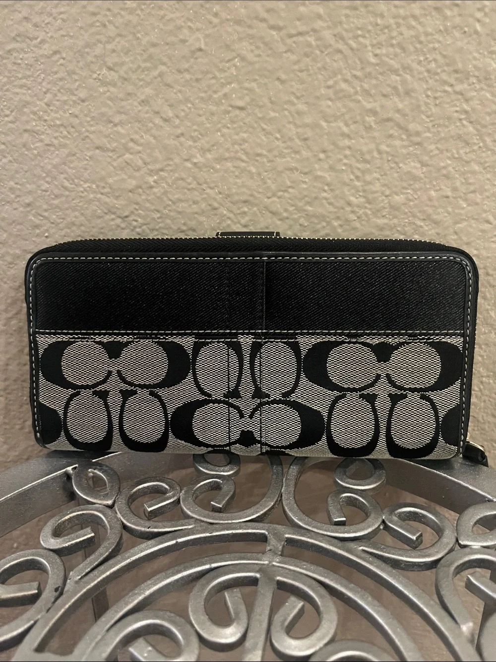 Coach Black and Grey Signature Snap-Closure Wallet